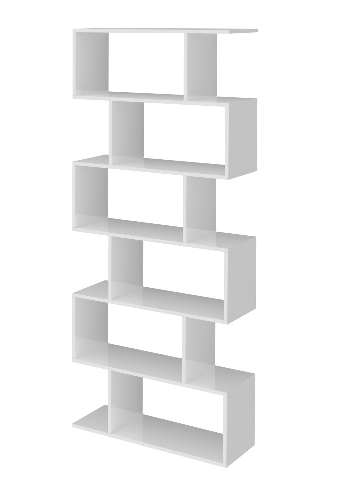 Libreria ODYSSEY bianco lucido a cinque moduli decrescenti, vista di tre quarti #colore_Bianco Lucido