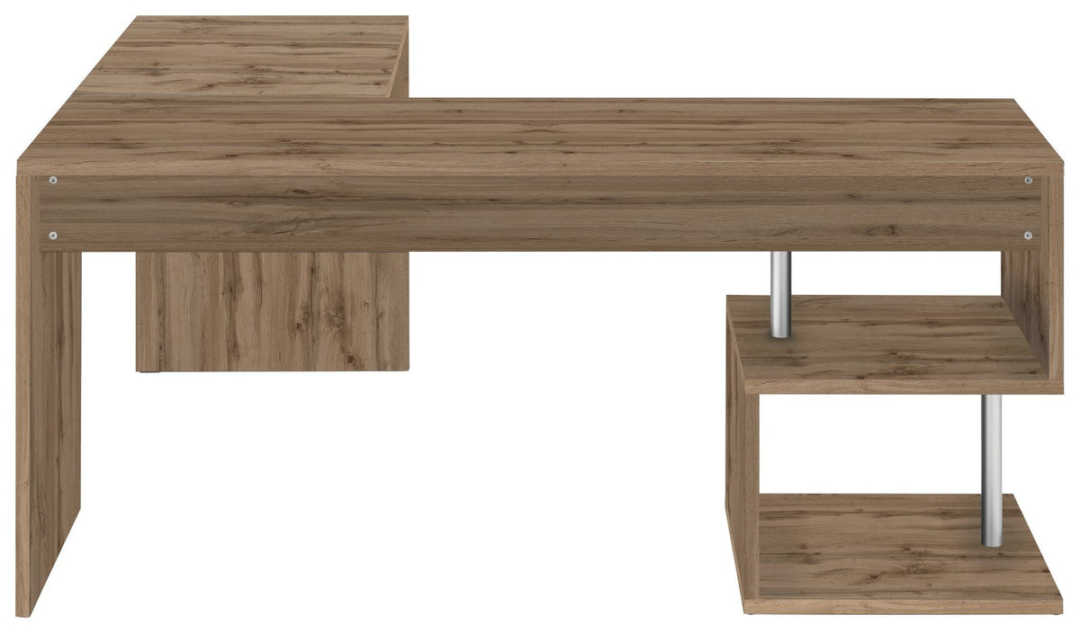 Scrivania HERMES rovere frontale su sfondo bianco con ripiani aperti e aste metalliche #colore_Rovere