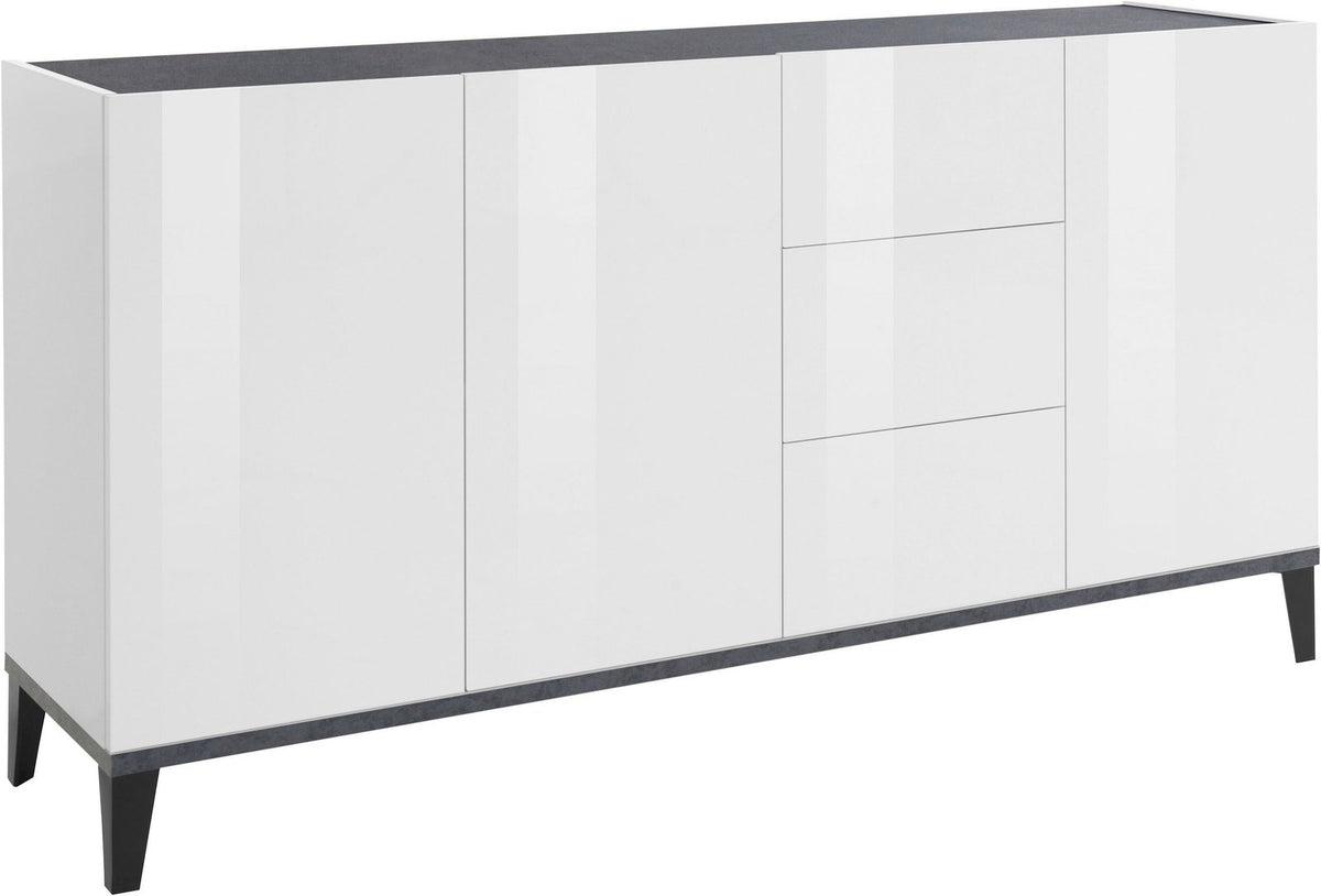 Credenza ARTEMIS bianco opaco su sfondo bianco, tre ante e tre cassetti, vista tre quarti