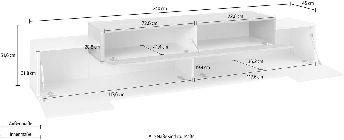 Misure interne ed esterne del porta TV CELESTIA bianco lucido con ante a ribalta #colore_Bianco Lucido/Cemento