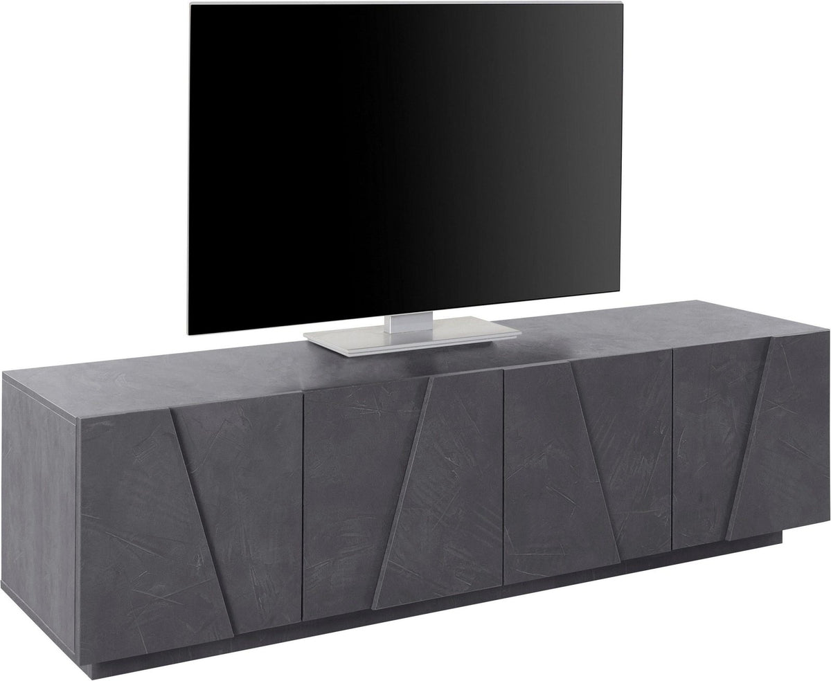 Porta TV PULSE ardesia con venature opache sulle ante a fessura diagonale, vista di tre quarti #colore_Ardesia