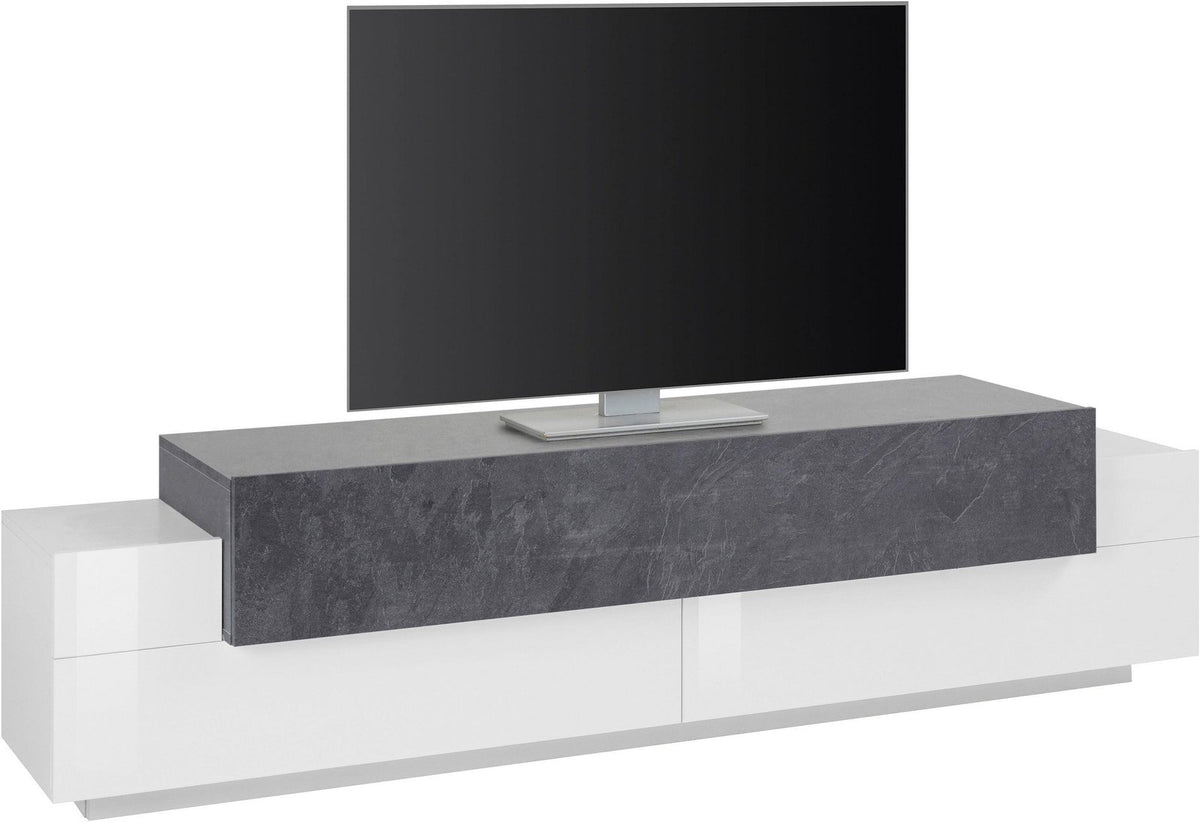 Porta TV CELESTIA bianco lucido con fascia centrale grigio marmo, vista frontale su fondo bianco #colore_Bianco Lucido/Antracite Opaco