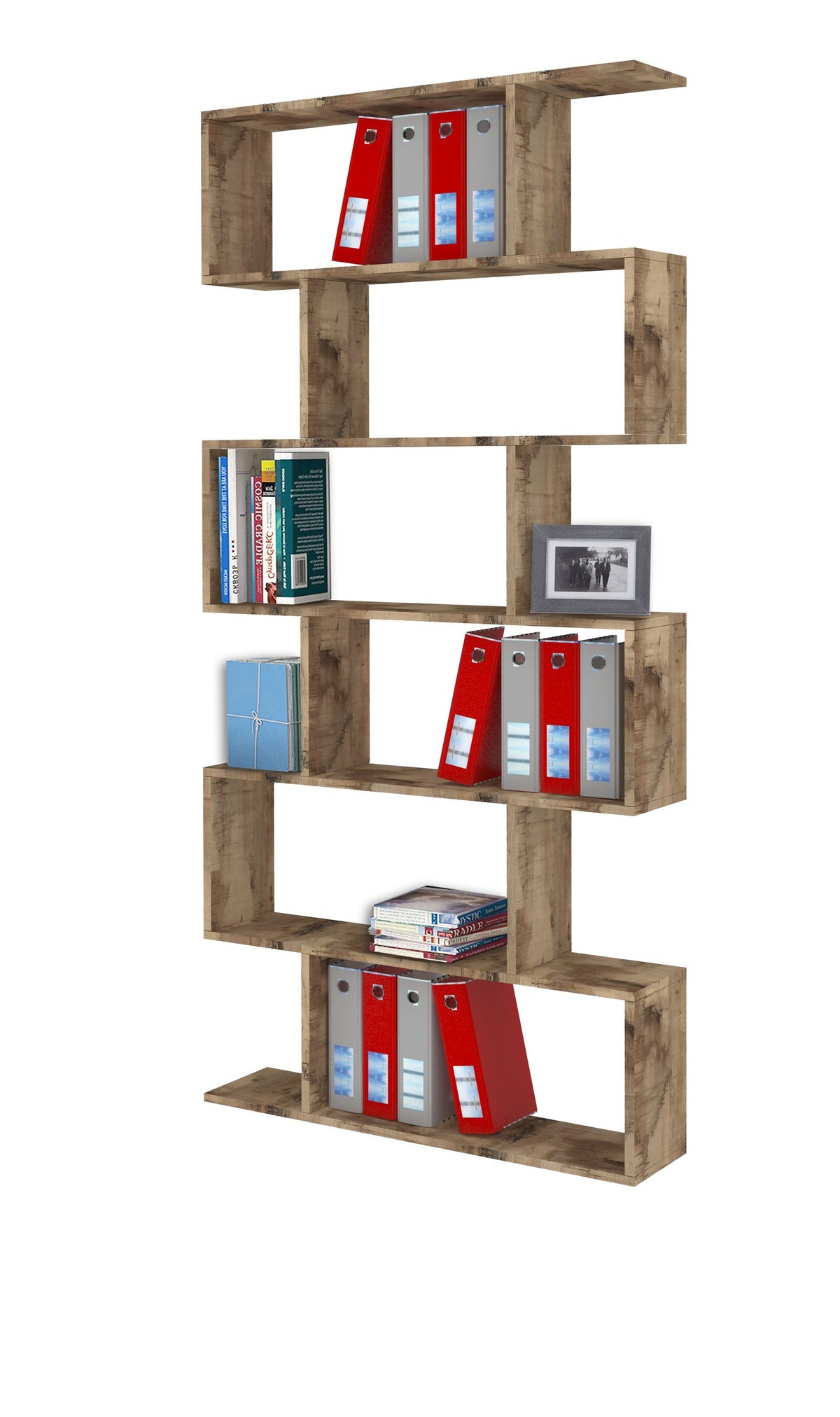 Libreria ODYSSEY effetto legno arredata con cartelline, libri e cornice fotografica #colore_Effetto Legno