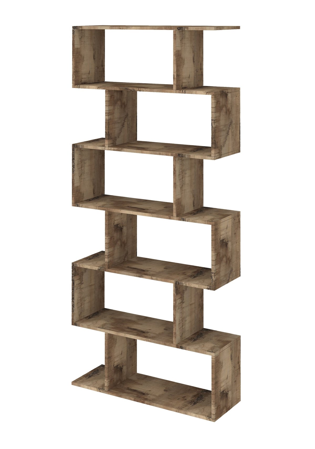 Libreria ODYSSEY effetto legno anticato di tre quarti dal lato sinistro, scomparti sfalsati #colore_Effetto Legno