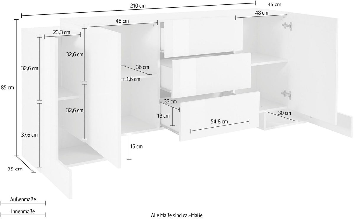 Credenza APEX bianco lucido con ante e cassetti aperti, misure complessive 210 cm di larghezza