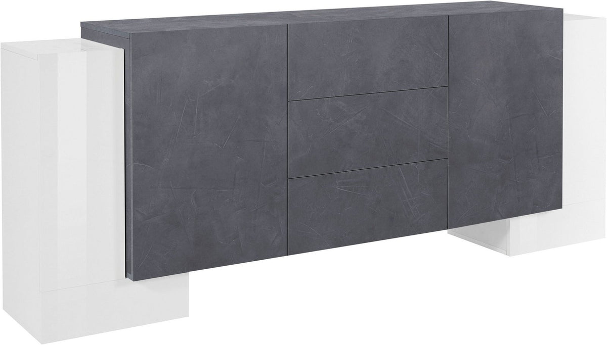 Credenza APEX bianco lucido vista tre quarti su fondo bianco, ante e cassetti grigi effetto pietra