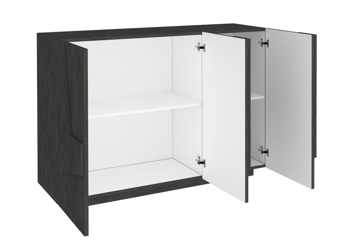 Mobile multiuso PULSE ardesia scontornato con tre ante aperte, interno bianco e ripiani #colore_Ardesia