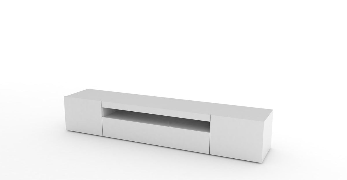 Porta TV FUSION bianco lucido con ribalta abbassata e piccola luce LED interna #colore_Bianco Lucido