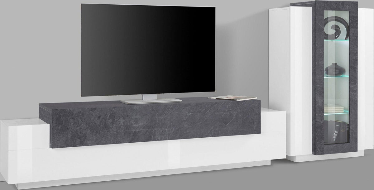 Parete attrezzata CELESTIA bianco lucido con fascia antracite e vetrina centrale, vista frontale #colore_Bianco Lucido/Antracite Opaco