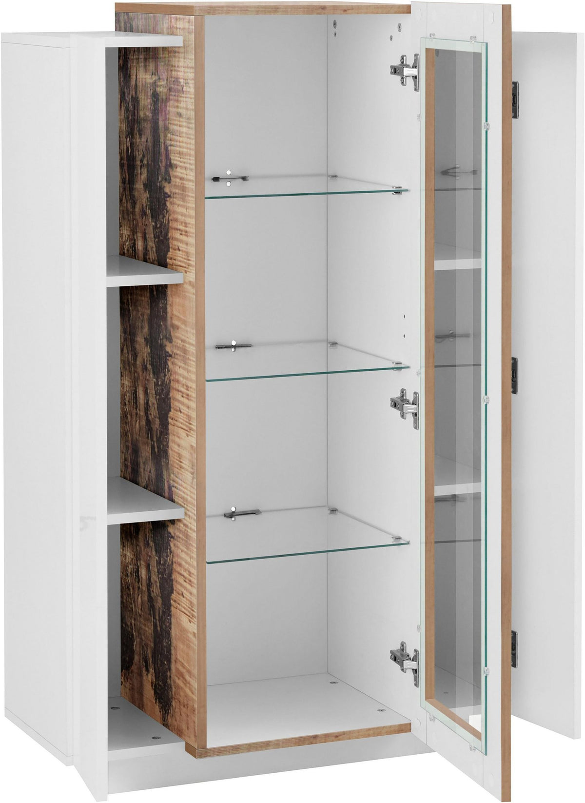 Vetrina CELESTIA bianco lucido con ante spalancate e interno effetto legno anticato #colore_Bianco Lucido/Acero Pereira
