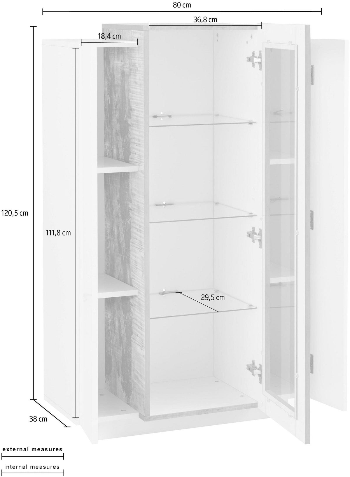 Vetrina CELESTIA bianco lucido con quote tecniche esterne e interne su sfondo bianco #colore_Bianco Lucido/Acero Pereira