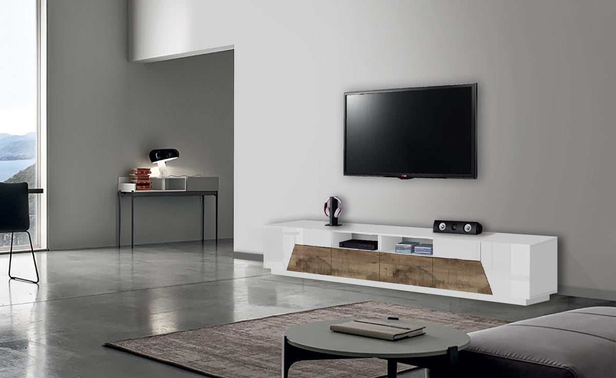 Porta TV NEBULA bianco lucido con ante in acero pereira in soggiorno arredato #colore_Bianco Lucido/Acero Pereira