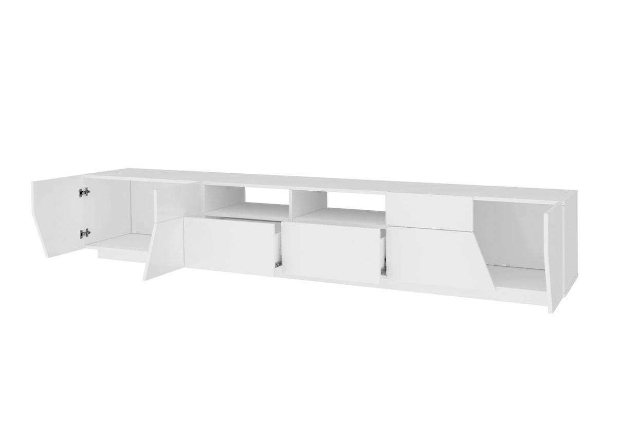 Porta TV NEBULA bianco lucido su fondo bianco con ante e cassetti aperti #colore_Bianco Lucido