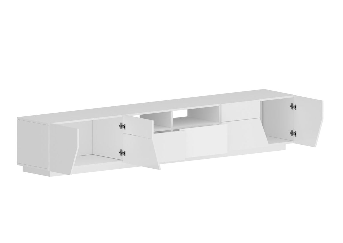 Porta TV NEBULA bianco lucido con due ante battenti aperte e un cassetto, vista angolata #colore_Bianco Lucido