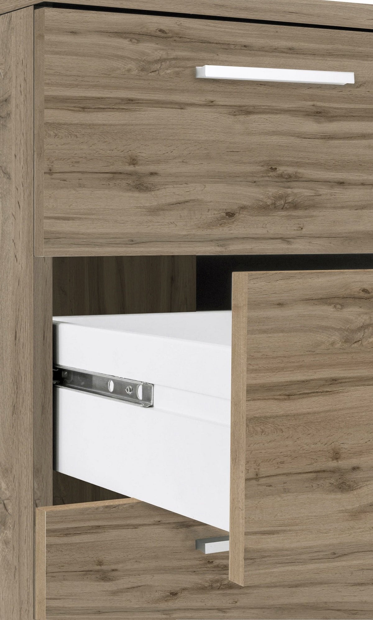 Dettaglio ravvicinato di cassetti NOVA in rovere con maniglia bianca e guide metalliche a sfera #colore_Rovere
