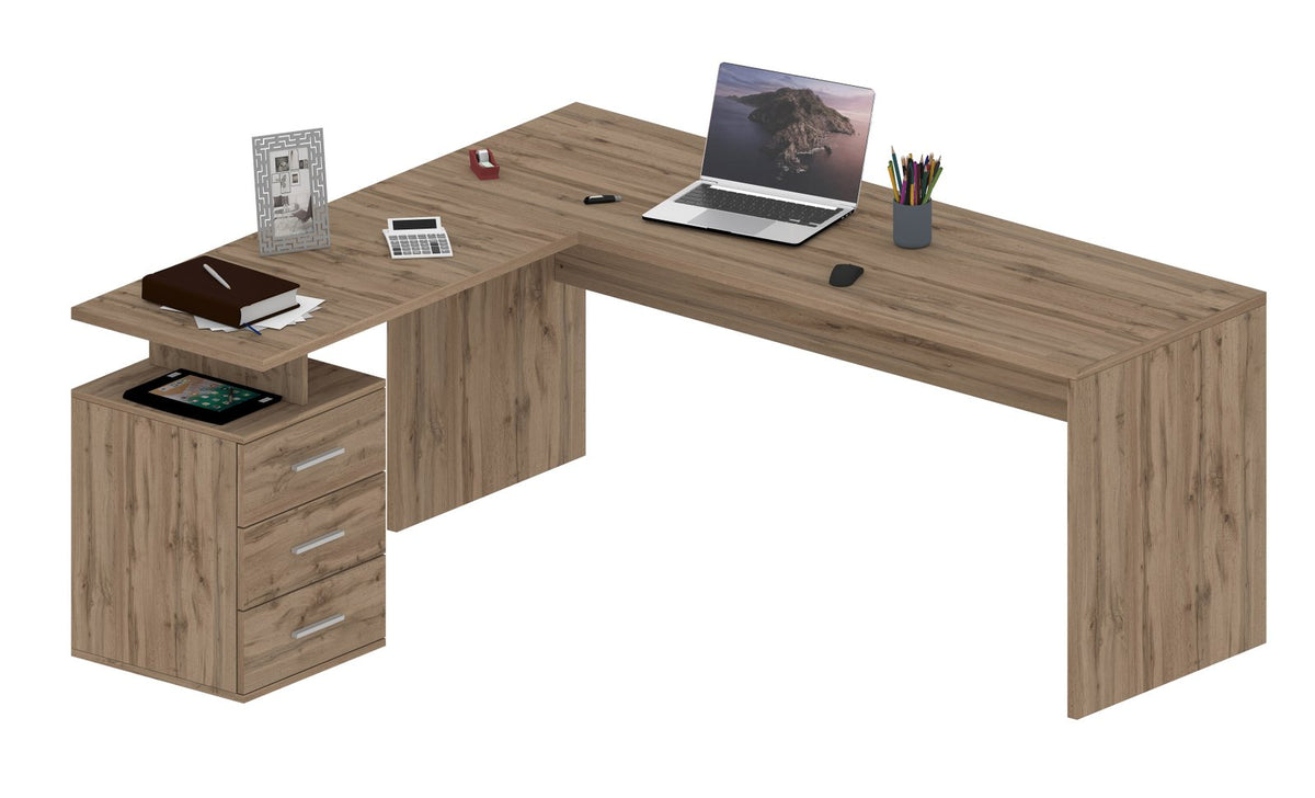Scrivania NOVA rovere chiaro a L con cassettiera a tre cassetti su fondo bianco #colore_Rovere