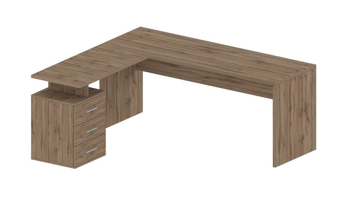 Scrivania angolare NOVA color noce con cassettiera a tre cassetti e maniglie argento, su fondo bianco #colore_Rovere