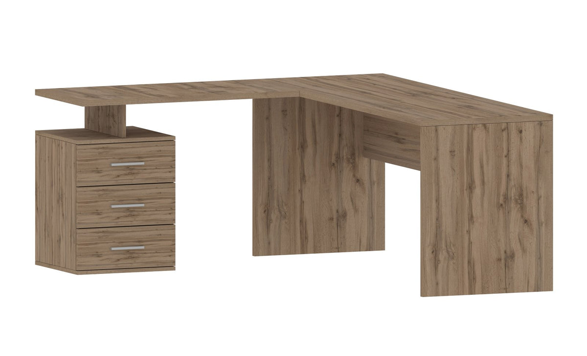 Scrivania angolare NOVA rovere con cassettiera a tre cassetti e maniglie metalliche, vista tre quarti #colore_Rovere
