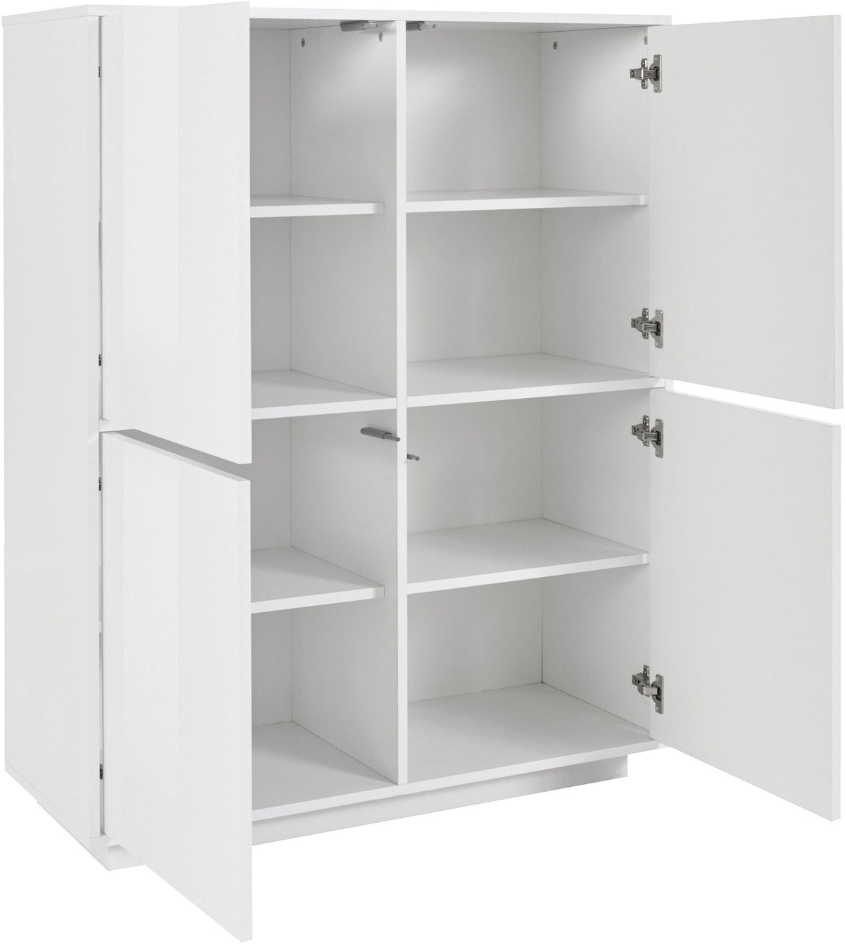 Credenza alta ENIGMA bianco lucido con quattro ante aperte e cerniere cromate visibili