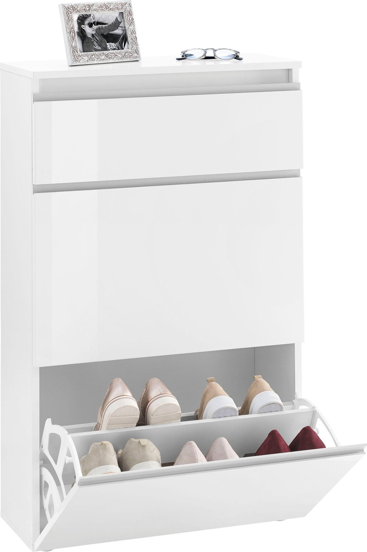 Scarpiera SATURNO bianco lucido con ante a ribalta aperte e scarpe sui ripiani #colore_Bianco Lucido