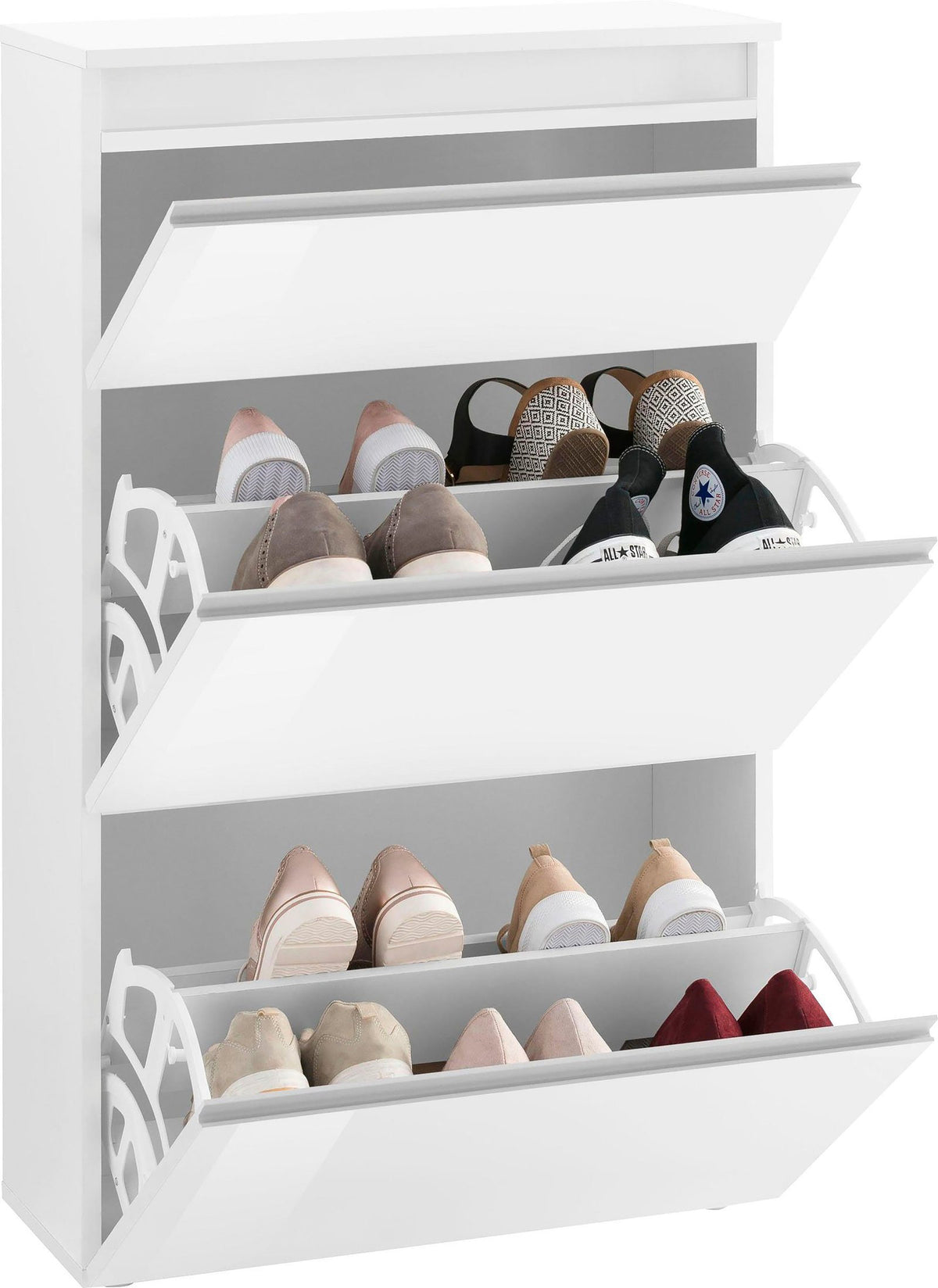 Scarpiera SATURNO bianco lucido con tre ripiani a ribalta pieni di scarpe #colore_Bianco Lucido