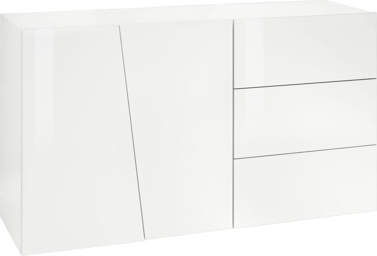 Credenza GALAXIA bianco lucido chiusa su sfondo bianco, vista di tre quarti, ante senza maniglie