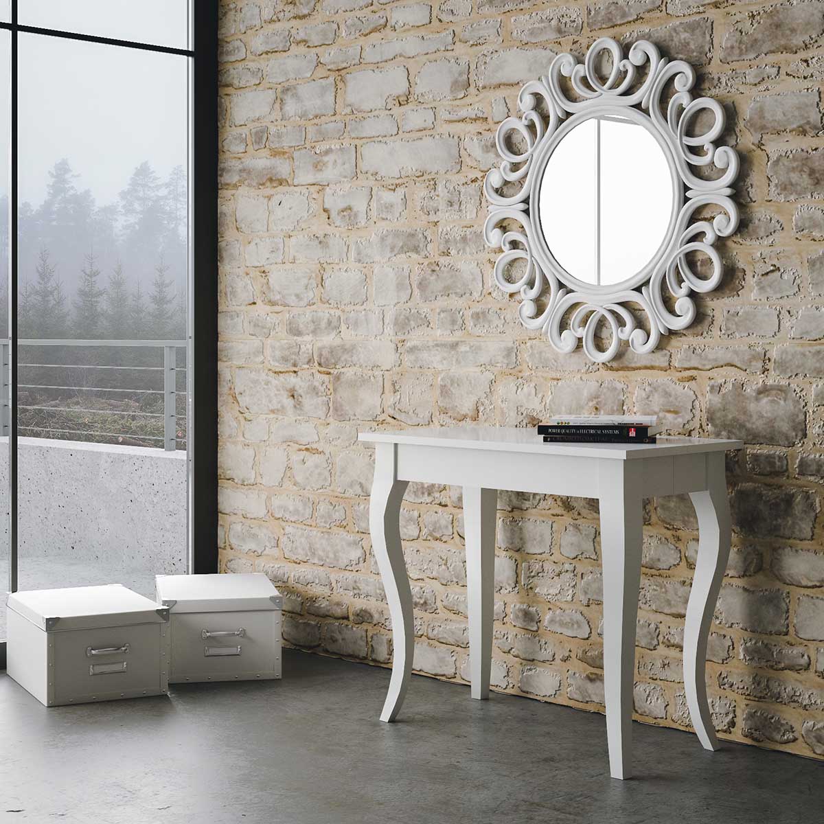 Consolle OLANDA bianco frassino in un ingresso con specchio rotondo sopra e due libri sul piano #colore_Bianco Frassino