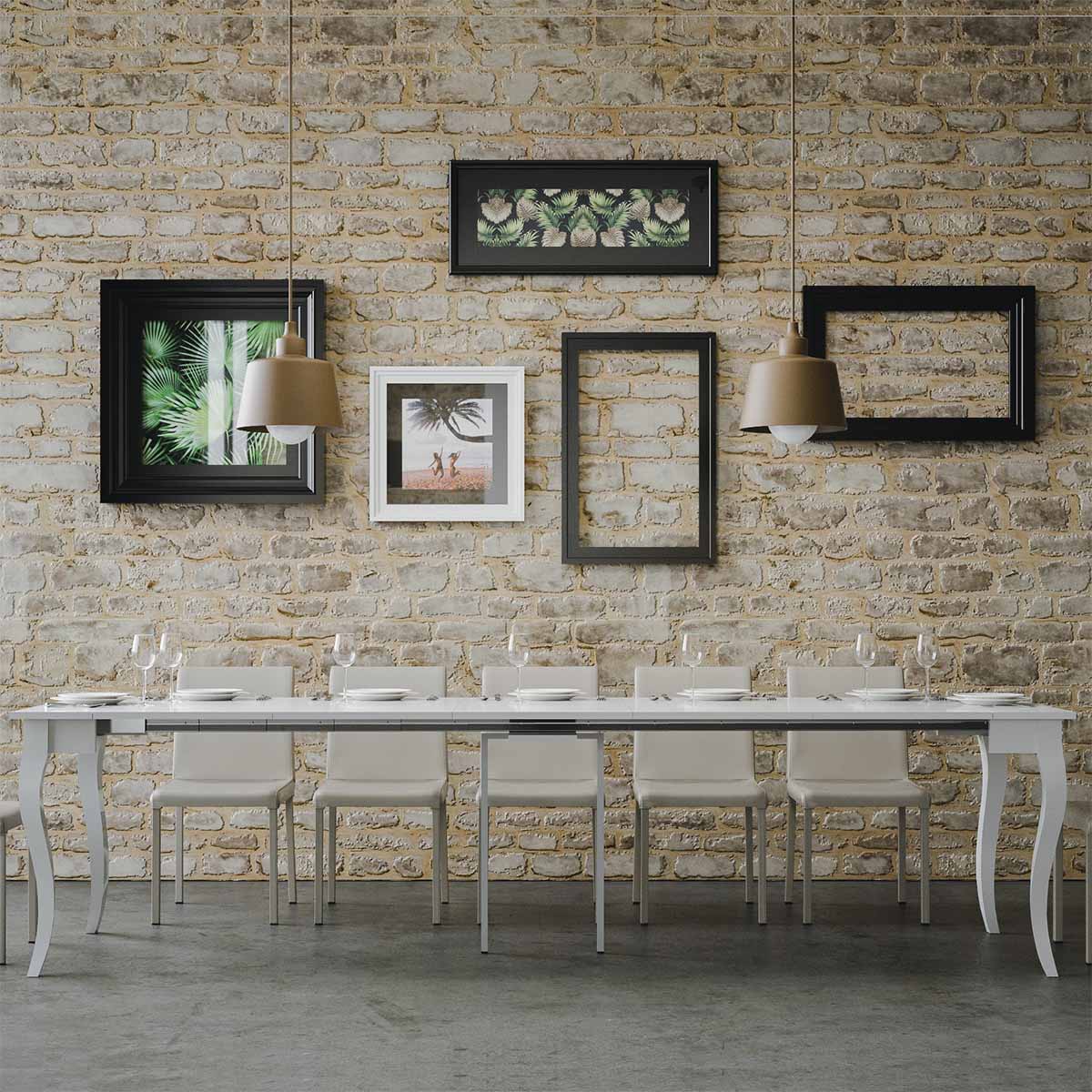Consolle OLANDA bianco frassino completamente aperta con prolunghe centrali inserite, vista frontale #colore_Bianco Frassino