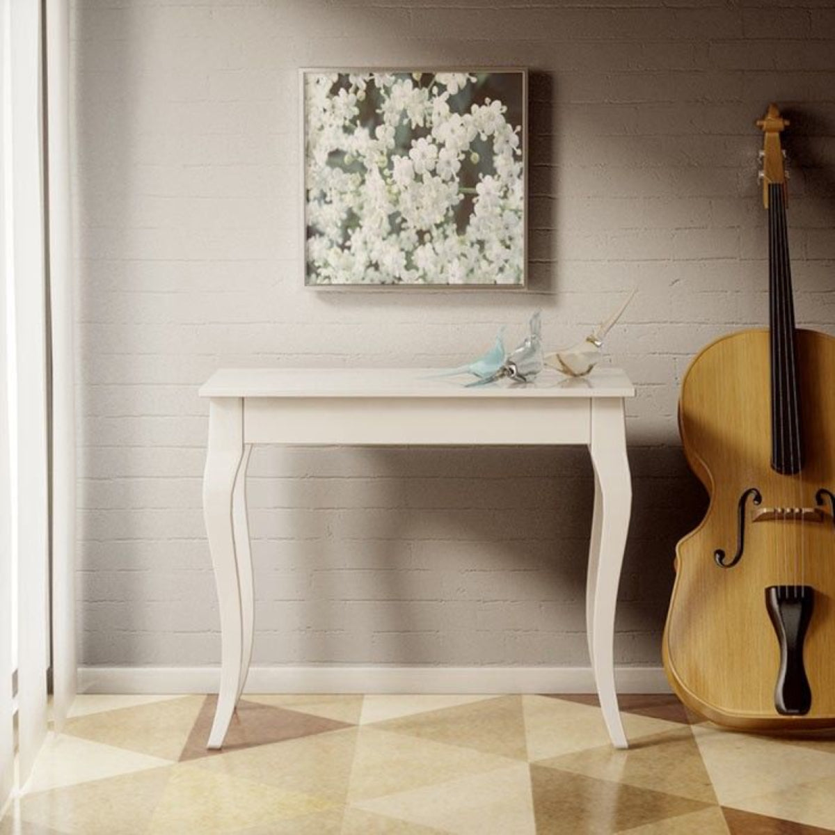 Consolle OLANDA bianco frassino chiusa, vista frontale, con quadro di fiori alla parete #colore_Bianco Frassino