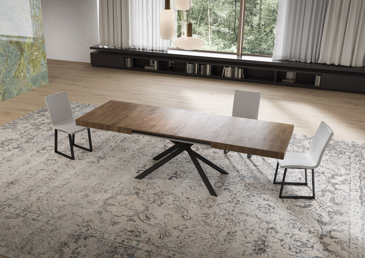 Tavolo NIKET noce scuro allungato con base a raggiera antracite e libreria bassa #colore_Quercia Natura