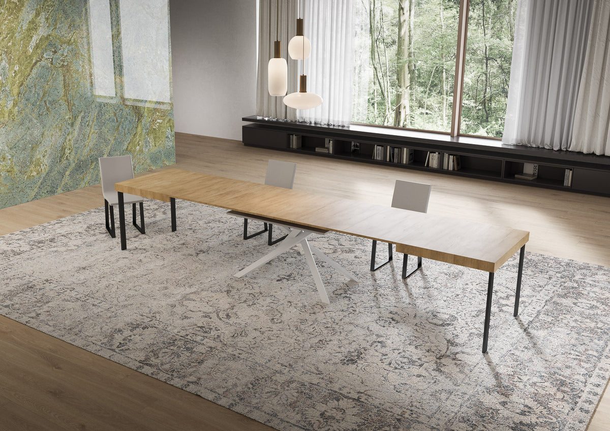 Tavolo NIKET quercia naturale allungato con supporti bianchi sotto ogni sezione del piano #colore_Quercia Natura