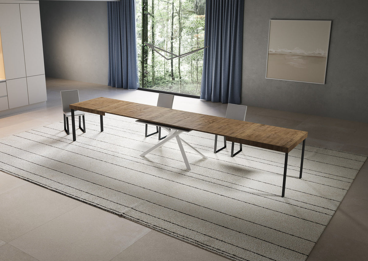 Tavolo NIKET noce allungato al massimo con struttura centrale a cavalletto bianco a X #colore_Noce