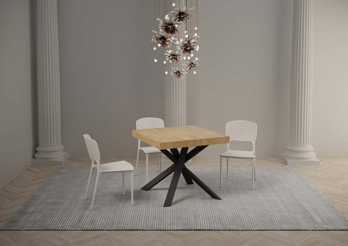 Tavolo CLERK quercia naturale quadrato chiuso con gambe nere a X, vista di tre quarti #colore_Quercia Natura