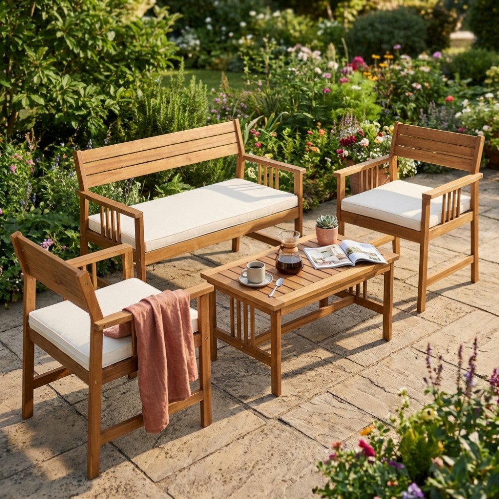Salotto da giardino AURELIO in legno marrone miele con cuscini bianchi su pavimentazione in pietra #colore_Marrone