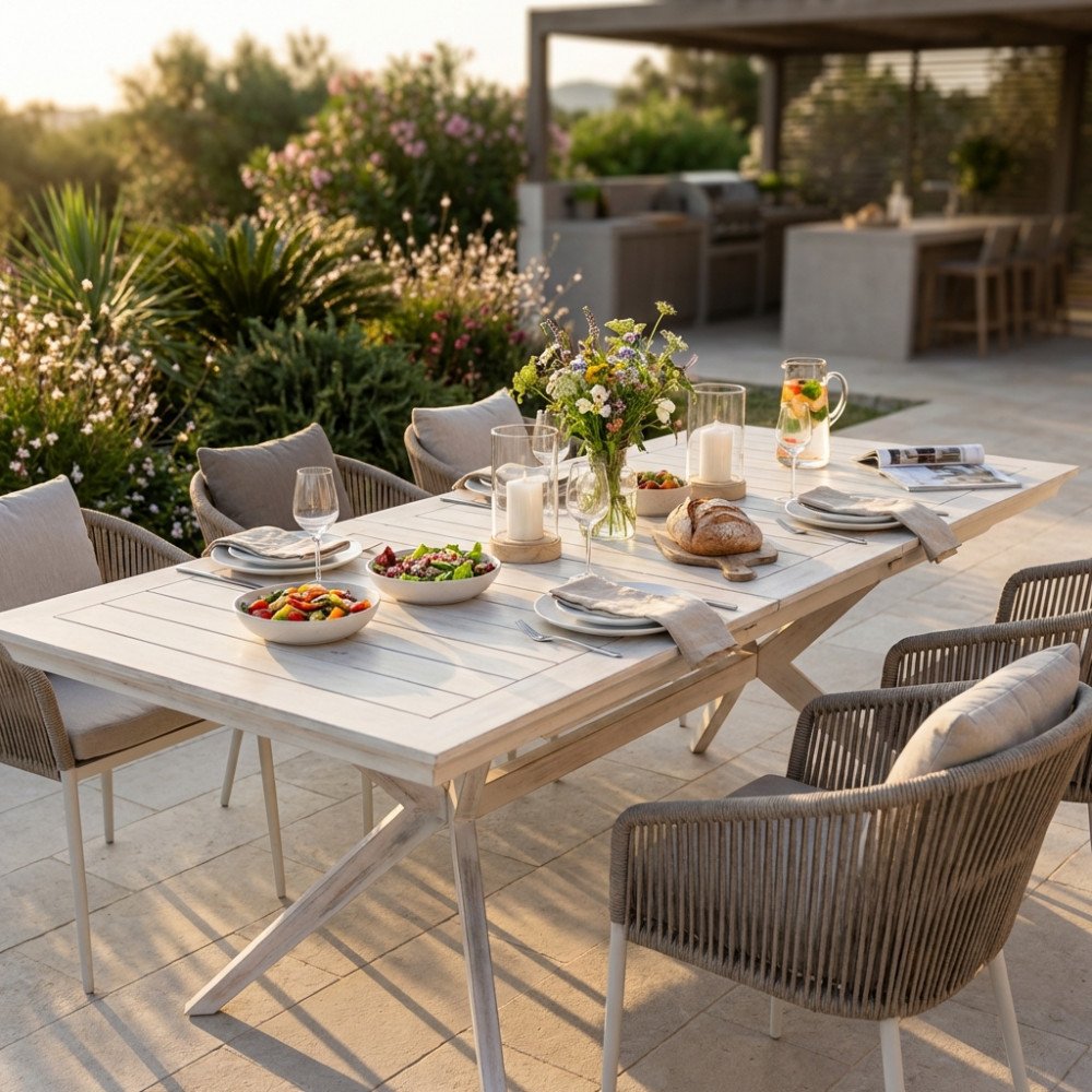Tavolo da giardino allungabile LOMBOK bianco apparecchiato su patio con pergola e siepi fiorite