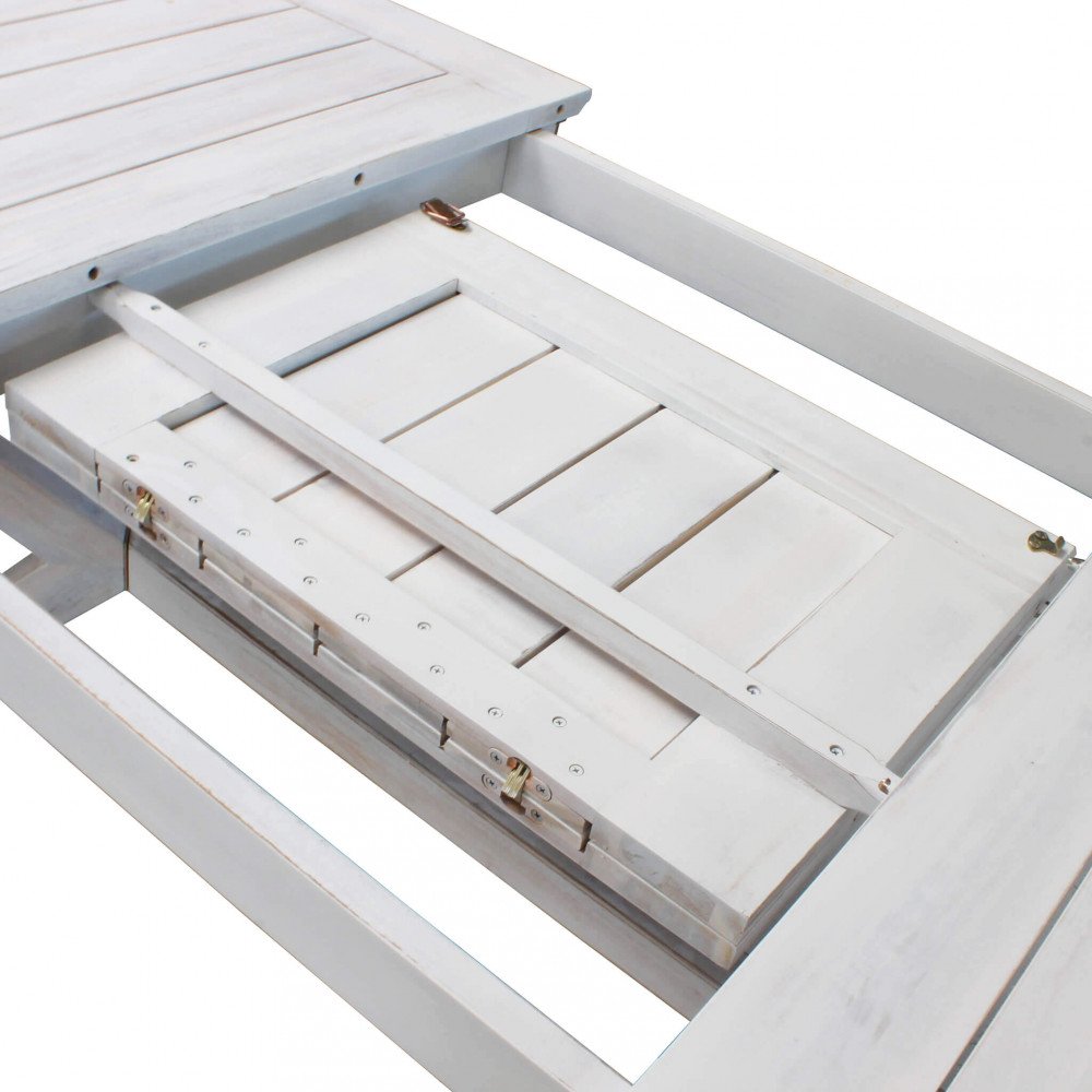 Dettaglio ravvicinato del meccanismo di allunga del tavolo LOMBOK bianco con viti e ferramenta