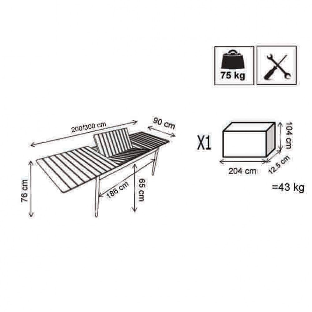 Disegno tecnico GUANTANAMO con misure: 200/300 cm, 90 cm, 76 cm di altezza