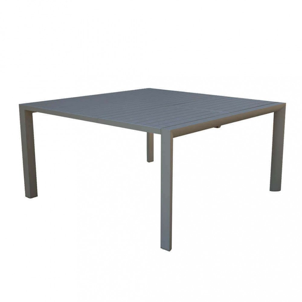 Tavolo BILBAO taupe chiuso in alluminio, piano a doghe e piccolo meccanismo sotto il piano #colore_Taupe