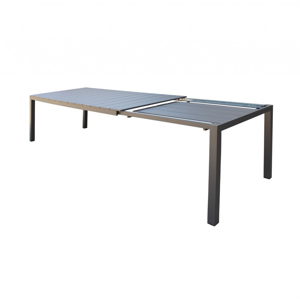 Tavolo da giardino allungabile in alluminio taupe con prolunga a doghe inserita al centro del piano