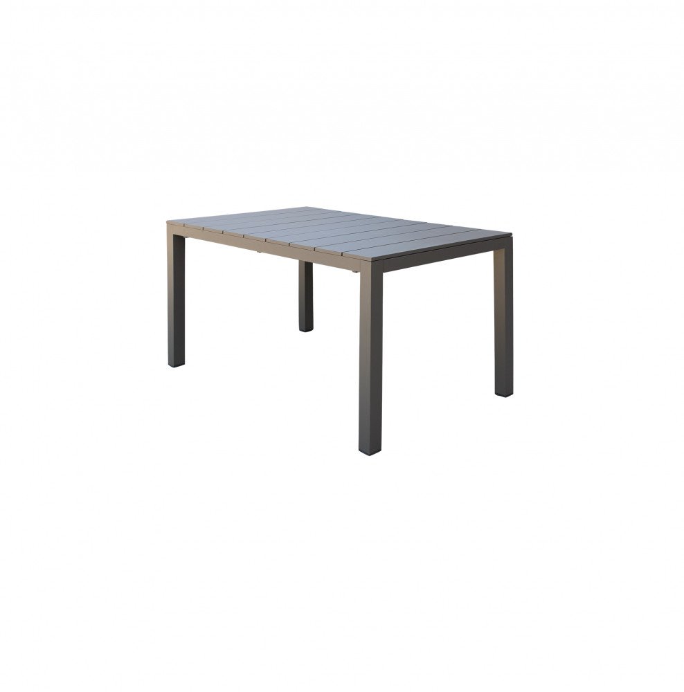 Tavolo da giardino allungabile in alluminio taupe allungato, con quinto piede di appoggio sotto il piano