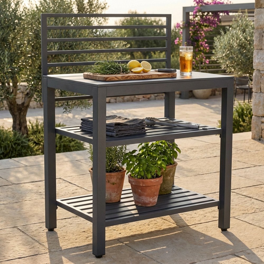 Modulo cucina da esterno OKLAHOMA antracite in giardino con piante aromatiche e tagliere