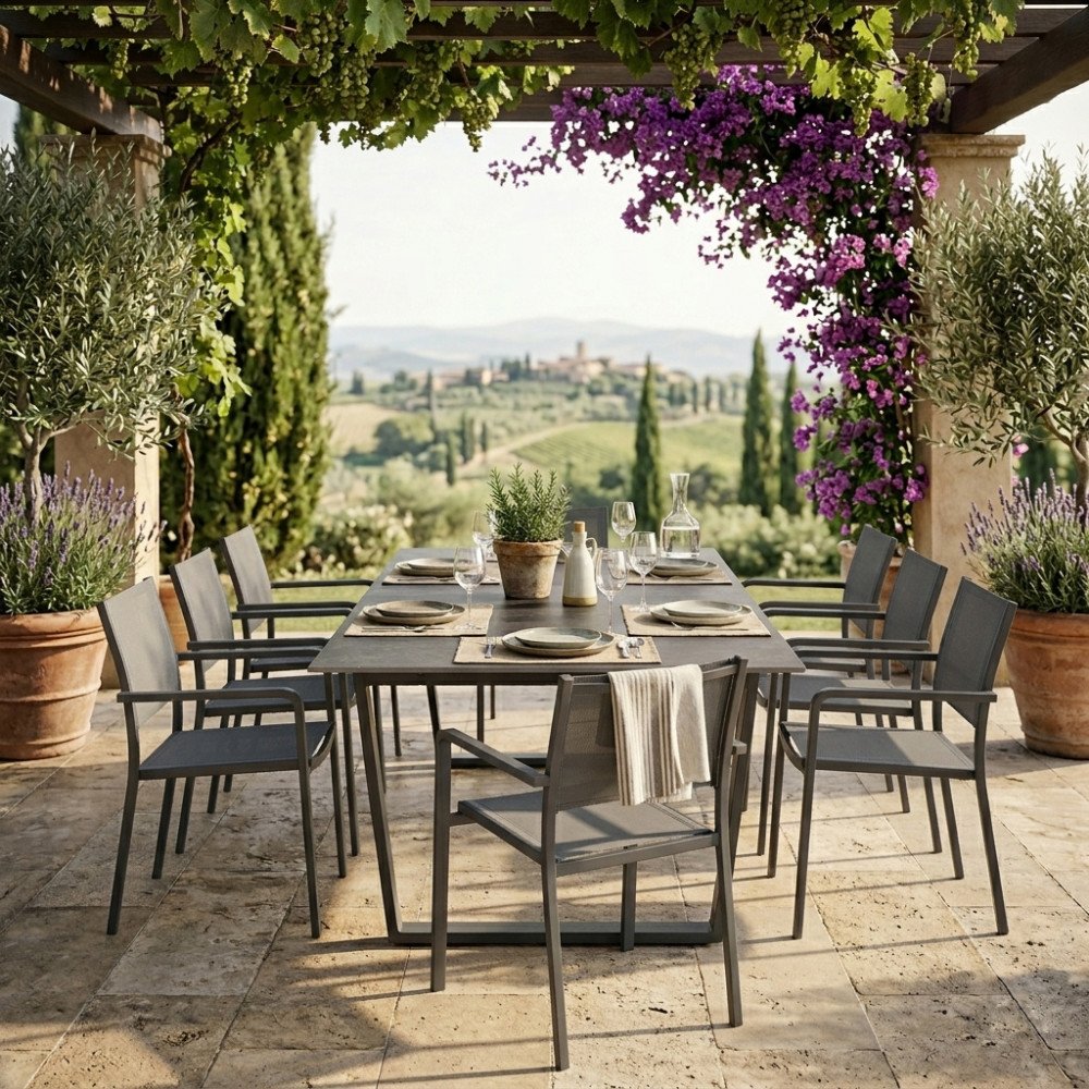 Tavolo WHITMAN 2 antracite in giardino sotto pergolato con otto sedie della stessa linea