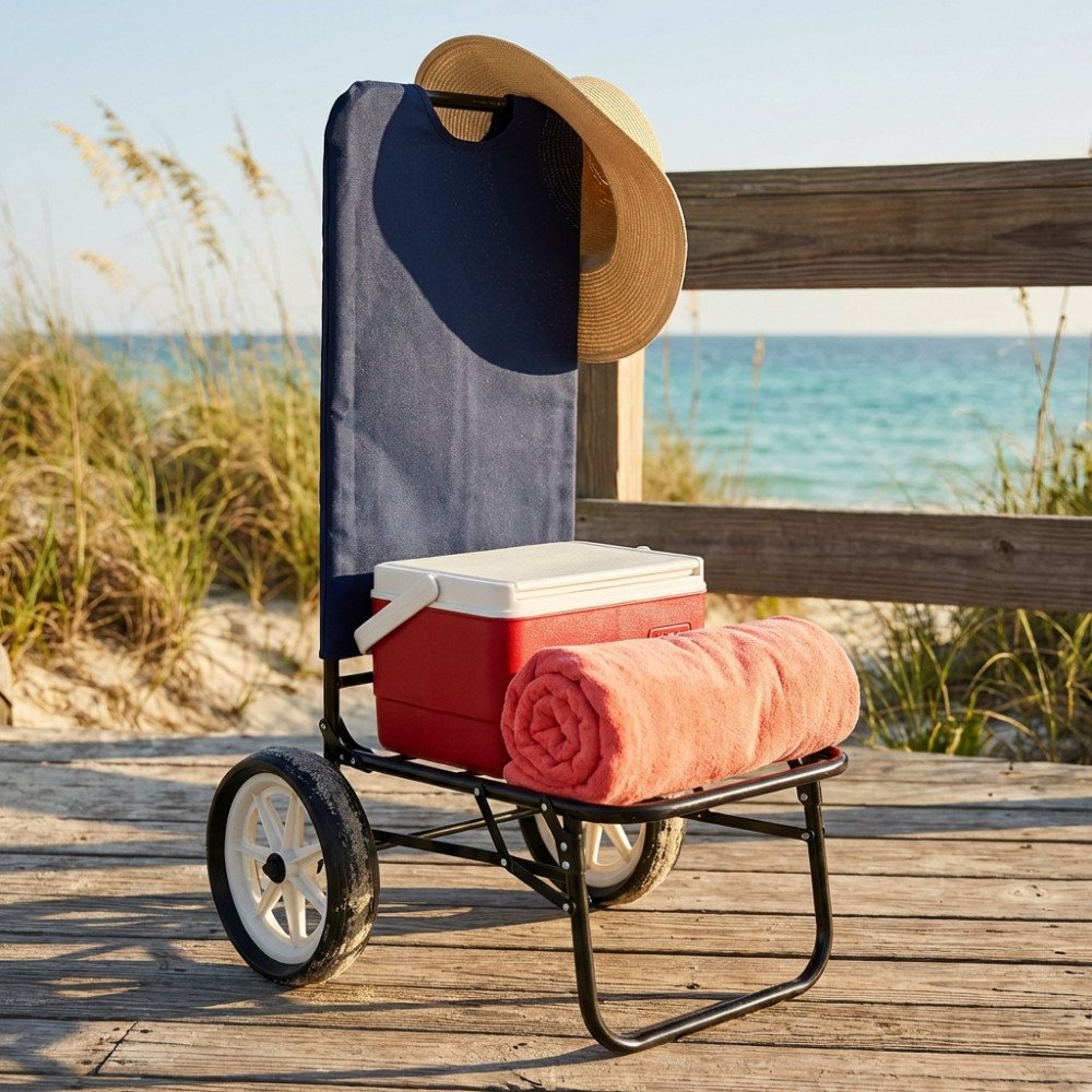 Carrello da spiaggia SIRIO blu visto di lato su passerella, ruote grandi