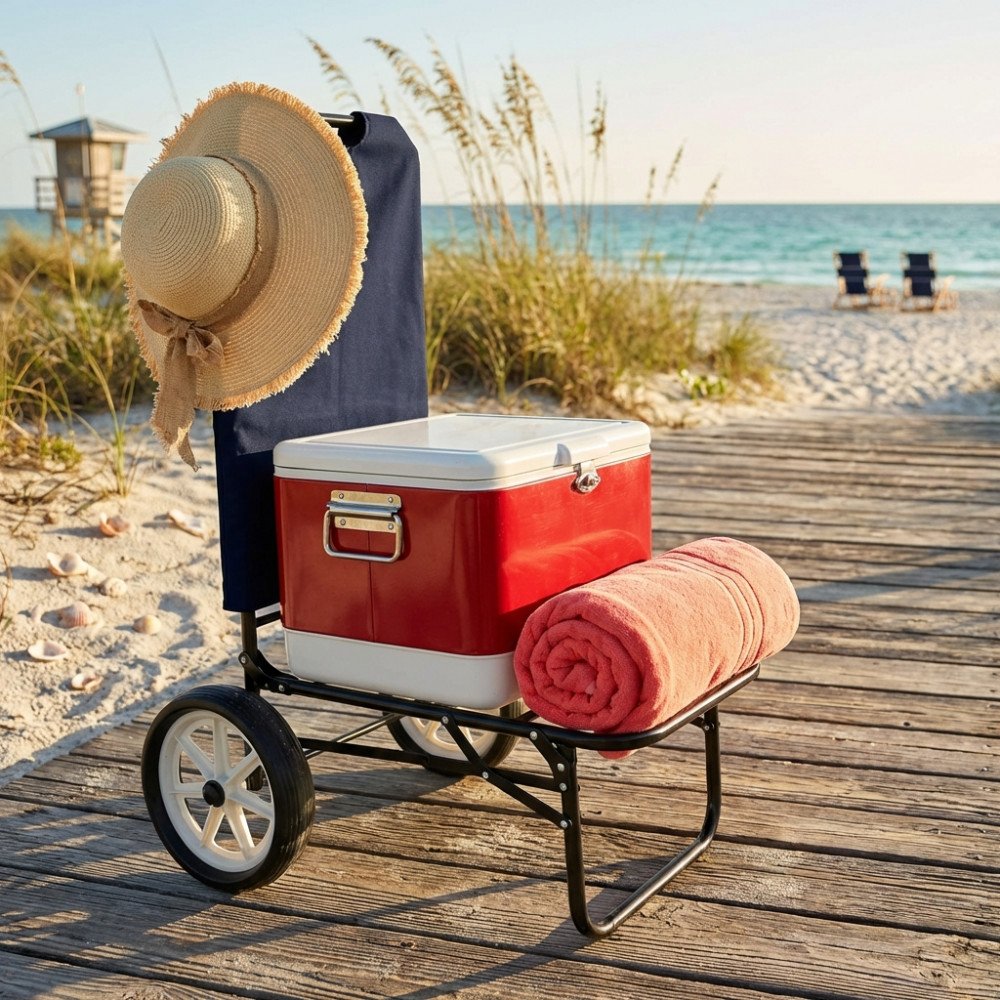 Carrello SIRIO blu con contenitore termico e telo, sfondo mare e dune