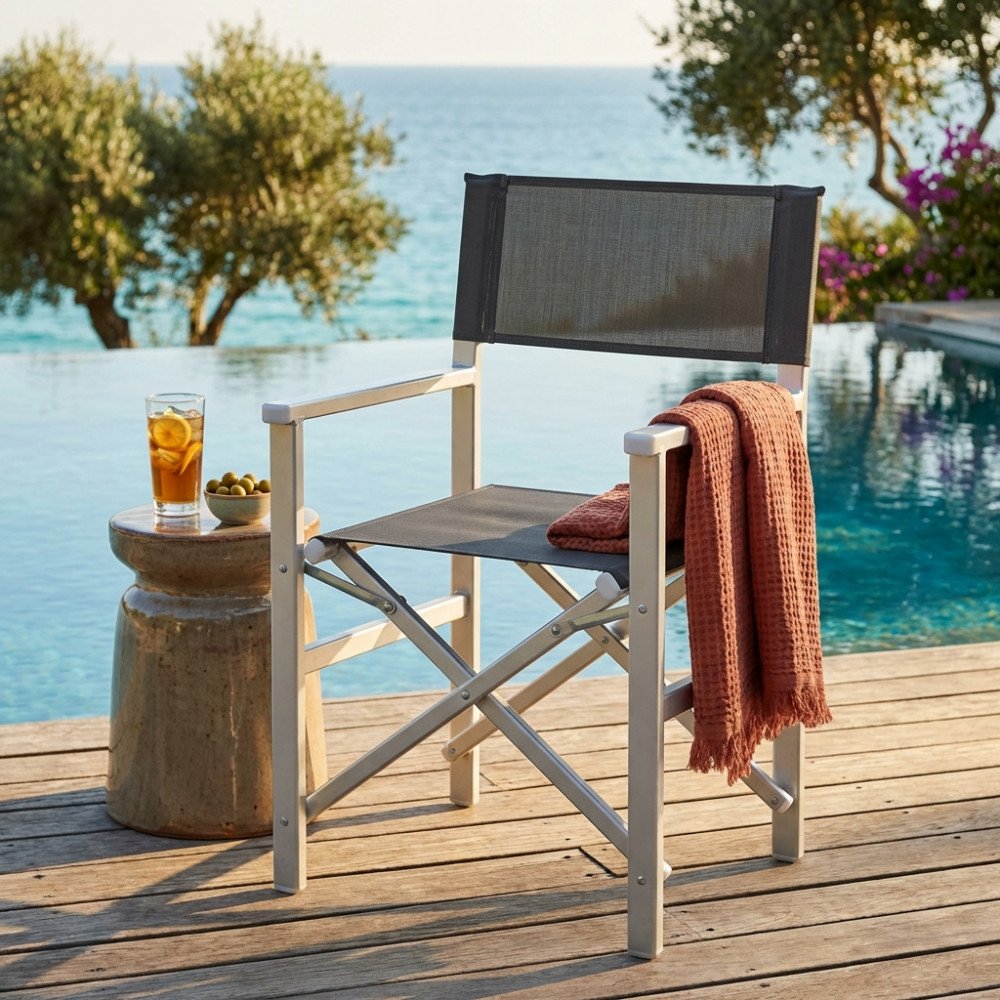Sedia da giardino REGISTA SIENA nera montata vicino alla piscina, con telo color mattone sulla seduta