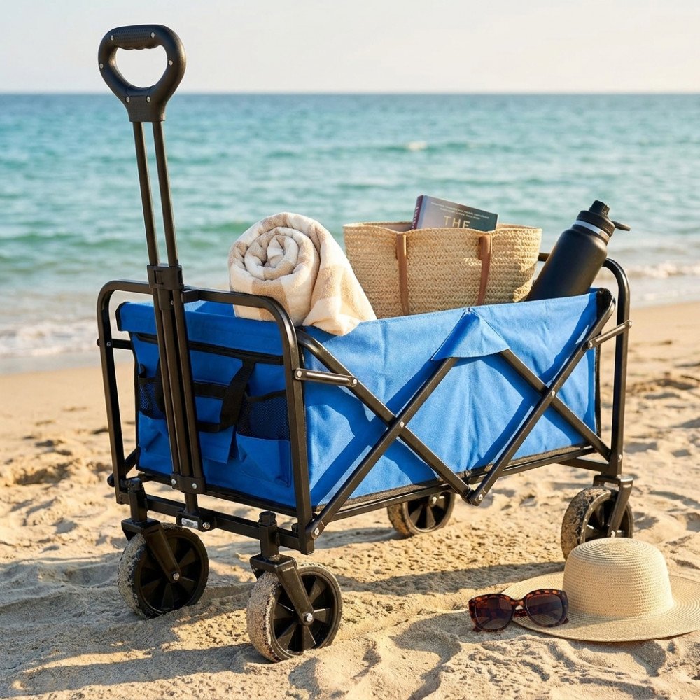 Carrello da spiaggia ADRIATIC blu aperto sulla sabbia, con asciugamani e libro dentro
