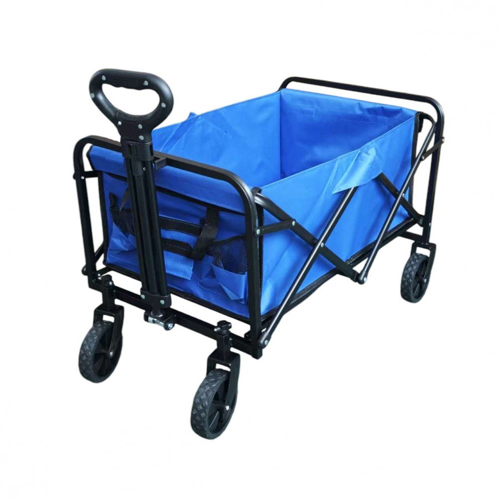 Carrello pieghevole ADRIATIC blu montato su fondo bianco, vista a tre quarti con ruote e manico