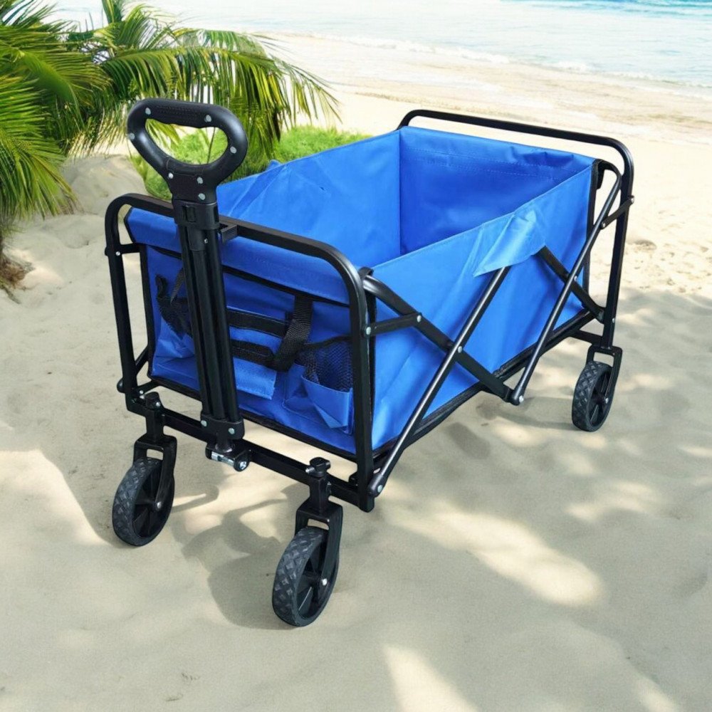 Carrello ADRIATIC blu aperto su sabbia con palma sullo sfondo, vista dal lato posteriore