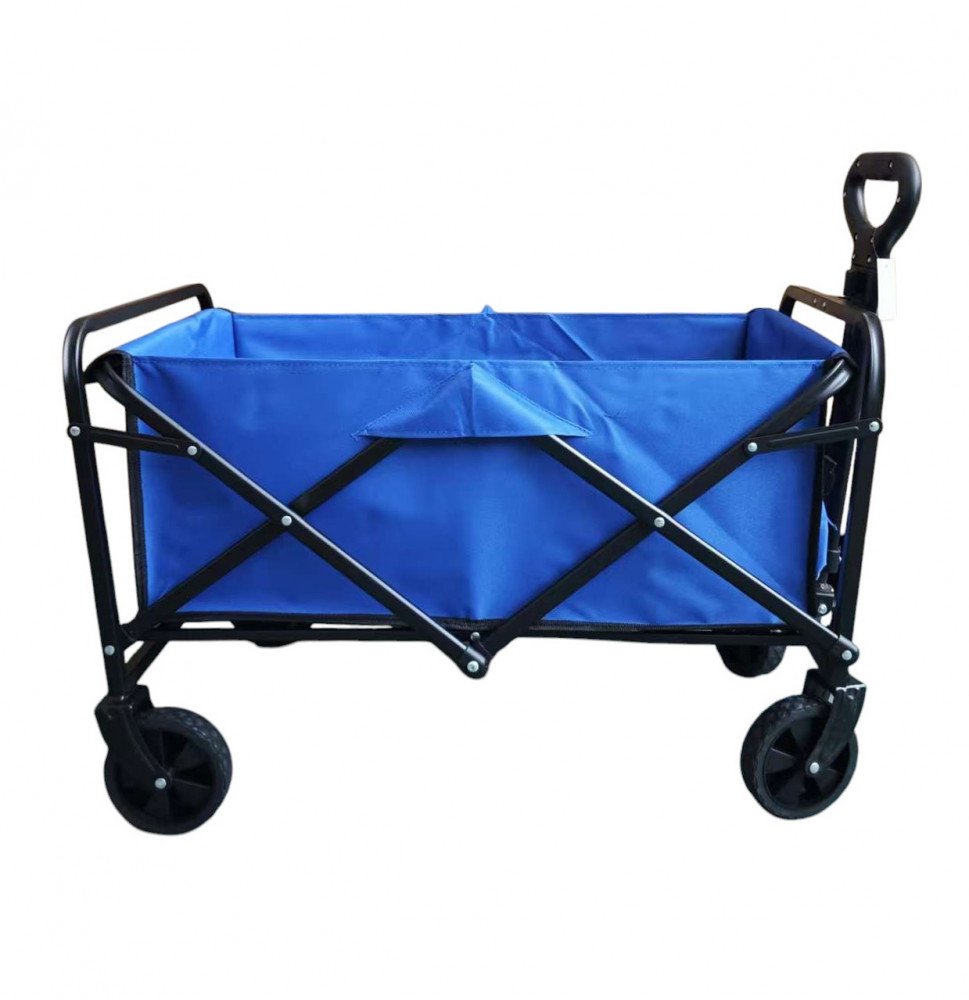 Carrello ADRIATIC blu montato su fondo bianco, vista laterale della struttura a X