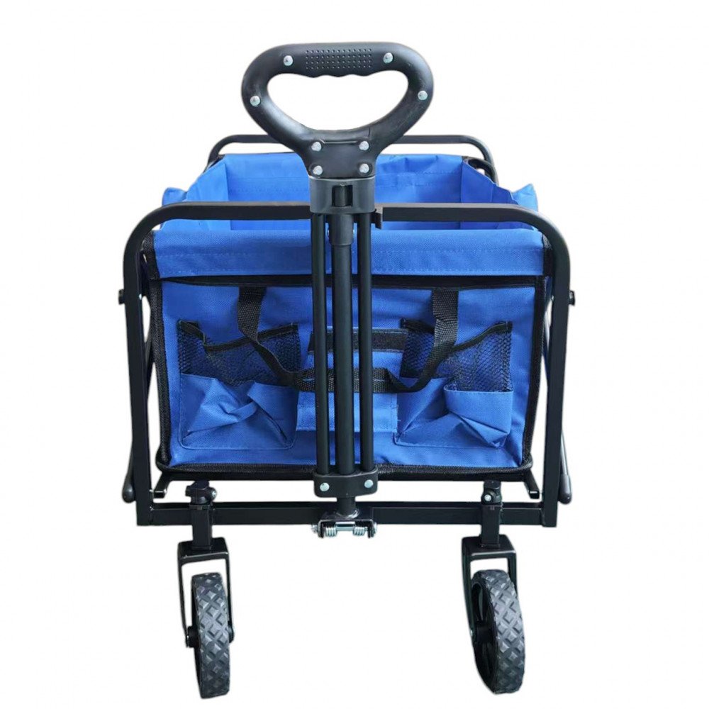 Carrello ADRIATIC blu di fronte su fondo bianco, dettaglio del manico e delle tasche in rete